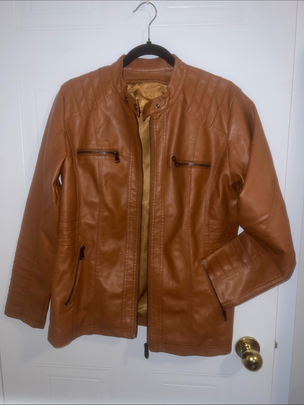 Classic Cognac Faux Leather Zip Jacket
